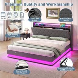 Merax Grey Linen 4ft6 Double Ottoman Bed with LED & Hidden Storage - thumbnail 9