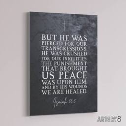 "Artery8 Isaiah 53 5 By His Wounds We Are Bible Quote Canvas Wall Art Print in Grey - Size: W24"" x H32""" - thumbnail 2