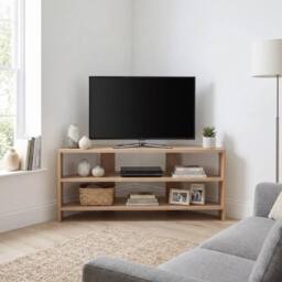 VOGREX Corner TV Unit Oak Modern Media Stand Two Tier Shelving in Beige - thumbnail 4