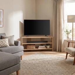 VOGREX Corner TV Unit Oak Modern Media Stand Two Tier Shelving in Beige - thumbnail 2