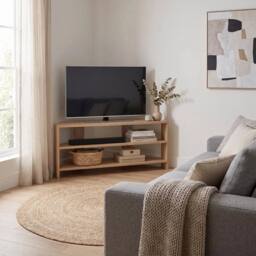 VOGREX Corner TV Unit Oak Modern Media Stand Two Tier Shelving in Beige - thumbnail 3