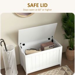 HOMCOM Storage Chest, Modern Storage Trunk with 2 Safety Hinges & Cut-out Handles, Wooden Toy Box for Living Room, Entryway, 76 x 40 x 48 cm in White - thumbnail 4