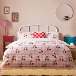 Heya Home Cherry Gingham Printed Duvet Cover Set in Pink - Size: Double