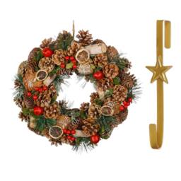 Dibor 38cm Citrus Spice Front Door Christmas Wreath with Star Wreath Hanger in Red