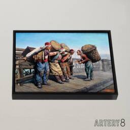 "Artery8 Agopyan Porters on Karakoy Bridge Framed Canvas Wall Art Print in Blue - Size: W12"" x H16""" - thumbnail 2