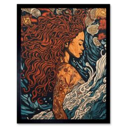 "Artery8 Wall Art Print Sea Water Nymph Modern Art Nouveau Linocut Art Framed in Black - Size: W12"" x H16""" - thumbnail 1