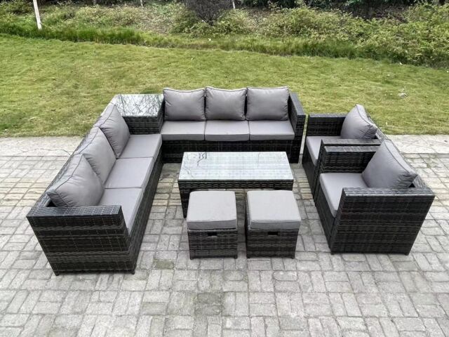Fimous 10 Seater Rattan Corner Sofa Set With Square Side Table & Oblong Rectangular Coffee Tea Table Arm Chair in Dark Grey - image 1