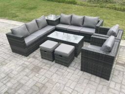 Fimous 10 Seater Rattan Corner Sofa Set With Square Side Table & Oblong Rectangular Coffee Tea Table Arm Chair in Dark Grey - thumbnail 2