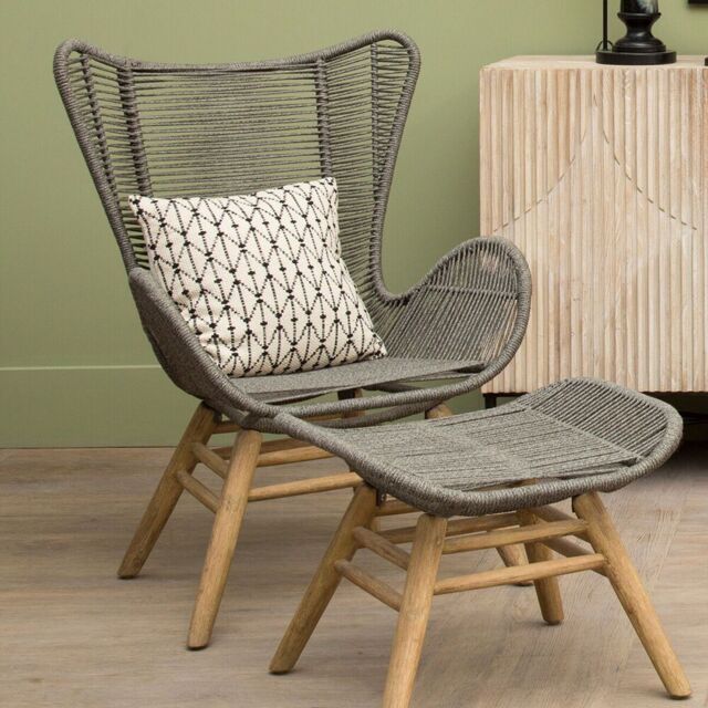 Orsina Rope Lounge Chair & Footstool, High-back Space-Saver Couch Chair, Improves Body Posture Footrest in Grey - image 1