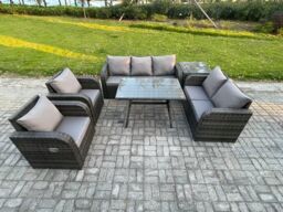 Fimous 7 Seater High Back PE Rattan Sofa Set Outdoor Garden Furniture Dining Table Set With Reclining Chair 3 Seater Sofa in Dark Grey - thumbnail 1