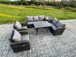 Fimous 7 Seater High Back PE Rattan Sofa Set Outdoor Garden Furniture Dining Table Set With Reclining Chair 3 Seater Sofa in Dark Grey - thumbnail 2