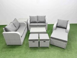 Fimous High Back Poly Rattan Garden Furniture Set w/ Reclining Chair Loveseat Sofa Rectangular Coffee Table Indoor Outdoor Patio Set 3 Stools Side - thumbnail 2
