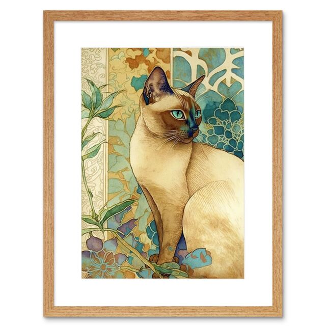 "Artery8 Wall Art Print Tonkinese Cat with Art Nouveau Botanical Patterns Colourful Watercolour Artwork Framed 9X7 Inch in Beige - Size: W7"" x H9""" - image 1