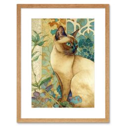 "Artery8 Wall Art Print Tonkinese Cat with Art Nouveau Botanical Patterns Colourful Watercolour Artwork Framed 9X7 Inch in Beige - Size: W7"" x H9""" - thumbnail 1