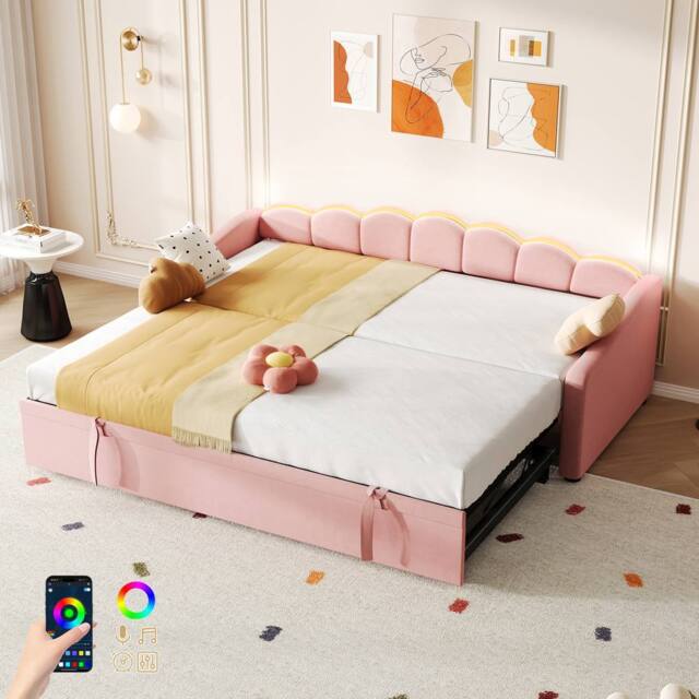 Matteo Pink Velvet Petal Upholstered Daybed - RGB LED Single Bed with Trundle - image 1