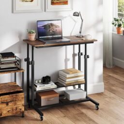 Gymax Mobile Stand up Desk Tilting Tabletop Height Adjustable With Shelves in Brown - thumbnail 3