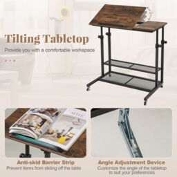 Gymax Mobile Stand up Desk Tilting Tabletop Height Adjustable With Shelves in Brown - thumbnail 6