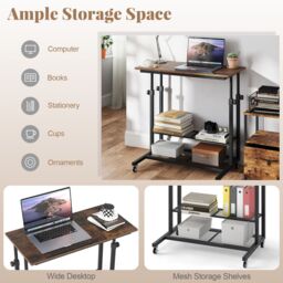 Gymax Mobile Stand up Desk Tilting Tabletop Height Adjustable With Shelves in Brown - thumbnail 7