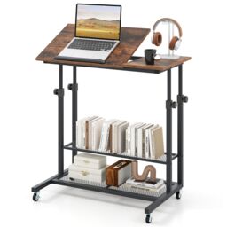 Gymax Mobile Stand up Desk Tilting Tabletop Height Adjustable With Shelves in Brown