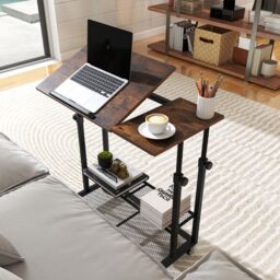 Gymax Mobile Stand up Desk Tilting Tabletop Height Adjustable With Shelves in Brown - thumbnail 4