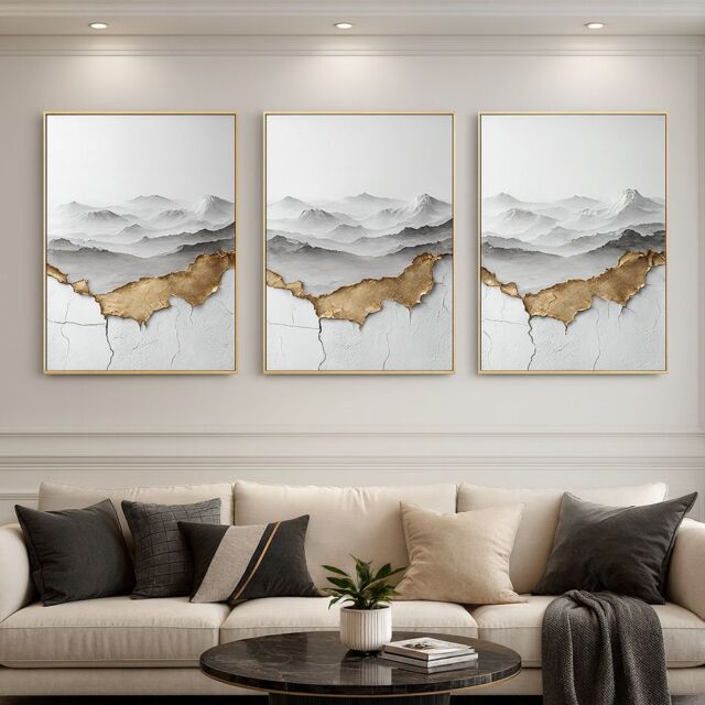 Mafett Set of 3 Abstract Mountain Contour Wall Art in Gold & Grey Framed in Beige - Size: A3