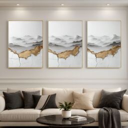 "Mafett Set of 3 Beige Floral Canvas Wall Art Gold Botanical Prints - Size: W24"" x H32"""