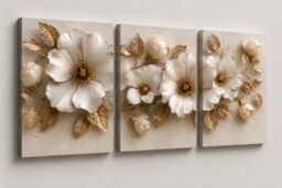 "Mafett Set of 3 Beige Floral Canvas Wall Art Gold Botanical Prints - Size: W24"" x H32""" - thumbnail 2