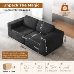 Dprodo Corduroy Modular Sofa, 202CM Loveseat Couch, 25V9 in Black - thumbnail 2