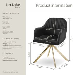 tectake Armchair Lona Set Of 2 - Black/Gold in Black - Size: 2 Pack - thumbnail 6