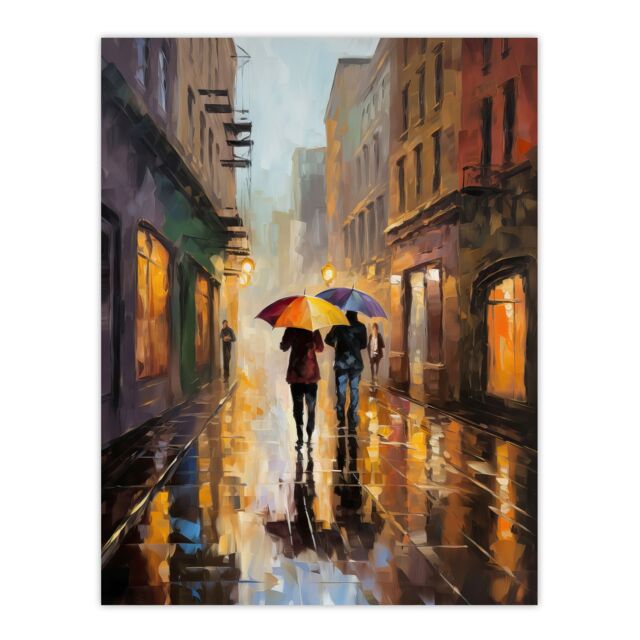 Artery8 Wall Art Print The Yellow Brolly Colourful Oil Painting Couple On Romantic Walk Umbrellas Rainy Afternoon Bedroom Art Poster - image 1