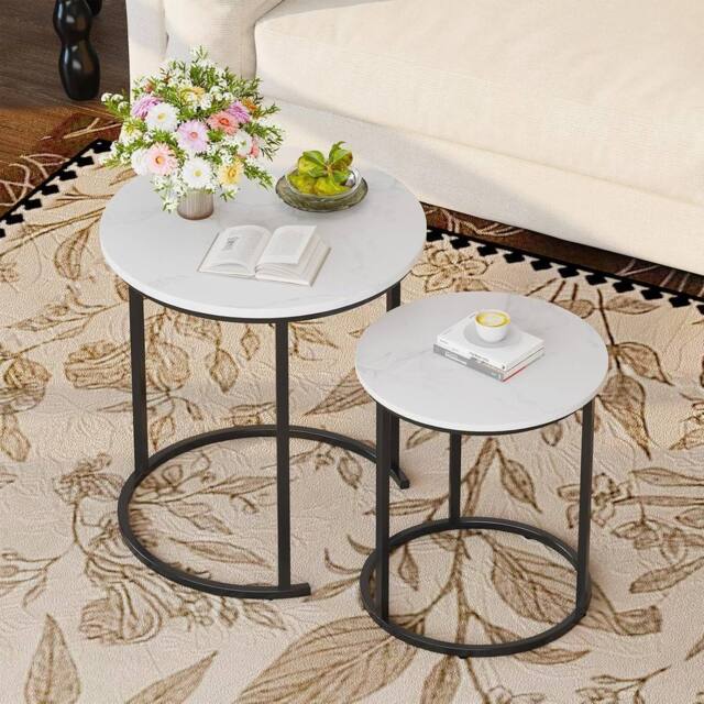 Huhote Round Nesting Coffee Tables Set of 2 Metal Frame White Marble Finish Top - image 1