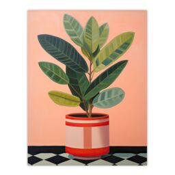 "Artery8 Wall Art Print Rubber Plant Pot on Checkerboard Floor Oil Painting Poster in Pink - Size: W18"" x H24""" - thumbnail 1