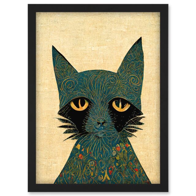 Artery8 William Morris Style Floral Blue Cat Artwork Framed Wall Art Print A4 in Black - image 1