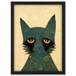 Artery8 William Morris Style Floral Blue Cat Artwork Framed Wall Art Print A4 in Black - thumbnail 1
