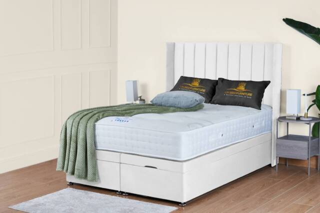 UK Bed Furniture Victoria End Lift Divan Ottoman Bed with 54 Inch Headboard in White - Size: Small Double - image 1