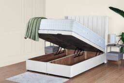 UK Bed Furniture Victoria End Lift Divan Ottoman Bed with 54 Inch Headboard in White - Size: Small Double - thumbnail 2