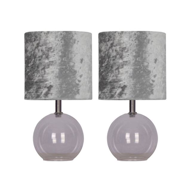 First Choice Lighting Buck - Clear Glass Globe Table Lamp with Grey Crushed Velvet Shade - image 1