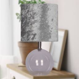 First Choice Lighting Buck - Clear Glass Globe Table Lamp with Grey Crushed Velvet Shade - thumbnail 4