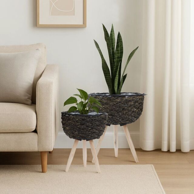 Orsina Set of 2 White Planters, Woven White Pots With Wooden Legs, White Plant Containers With Inner Lining in Black - image 1