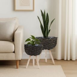 Orsina Set of 2 White Planters, Woven White Pots With Wooden Legs, White Plant Containers With Inner Lining in Black - thumbnail 1