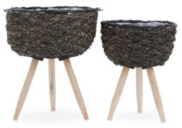 Orsina Set of 2 White Planters, Woven White Pots With Wooden Legs, White Plant Containers With Inner Lining in Black - thumbnail 7
