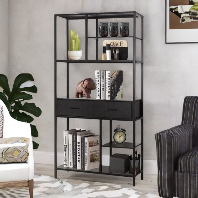 Pirlo Plush Industrial Bookcase Storage Cabinet Open Shelving Unit in Black - image 1