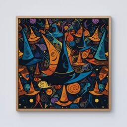 Warren Reed - Designer Imaginative Abstract Witches Hats Framed Canvas in Light Brown - Size: w40 inch x h40 inch - thumbnail 1