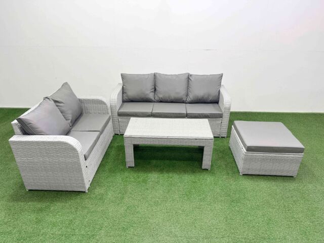 Fimous 6 Seater PE Rattan Wicker Garden Furniture Patio Conservatory Sofa Set with Oblong Coffee Table 3 Seater Sofa Love Sofa Big Footstool - image 1