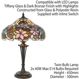 Loops Tiffany Glass Table Lamp Light Dark Bronze & Multi Colour Floral Shade i00229 in Clear - thumbnail 2