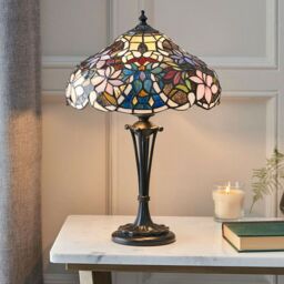 Loops Tiffany Glass Table Lamp Light Dark Bronze & Multi Colour Floral Shade i00229 in Clear - thumbnail 3