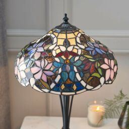 Loops Tiffany Glass Table Lamp Light Dark Bronze & Multi Colour Floral Shade i00229 in Clear - thumbnail 5