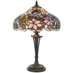 Loops Tiffany Glass Table Lamp Light Dark Bronze & Multi Colour Floral Shade i00229 in Clear
