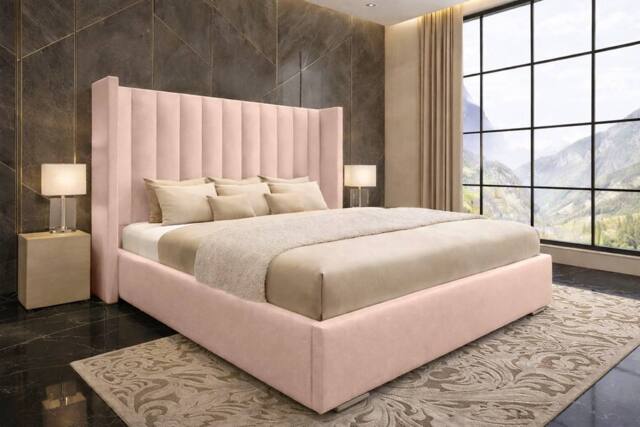 "PARADISE BEDS LTD Ottoman Winged Bed Gas Lift Storage Plush Velvet 54"" Headboard in Baby Pink - Size: Double" - image 1