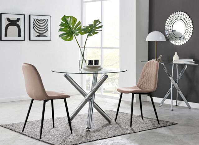 FurnitureboxUK Selina Round Glass Chrome Leg Dining Table & 2 Corona Black Leg Chairs in Beige - Size: 2 Person - image 1